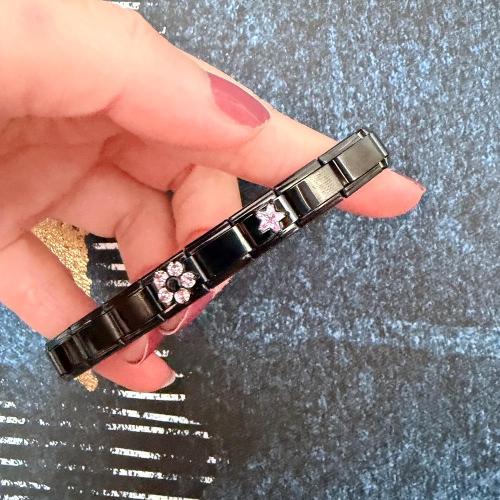 Black Italian Charm Bracelet with Pink gem flower and star